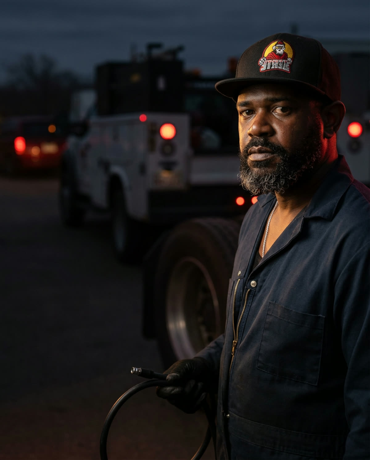 D.R. Vialet — owner of the Hazleton, PA-based roadside assistance company, in uniform beside a service truck at dusk