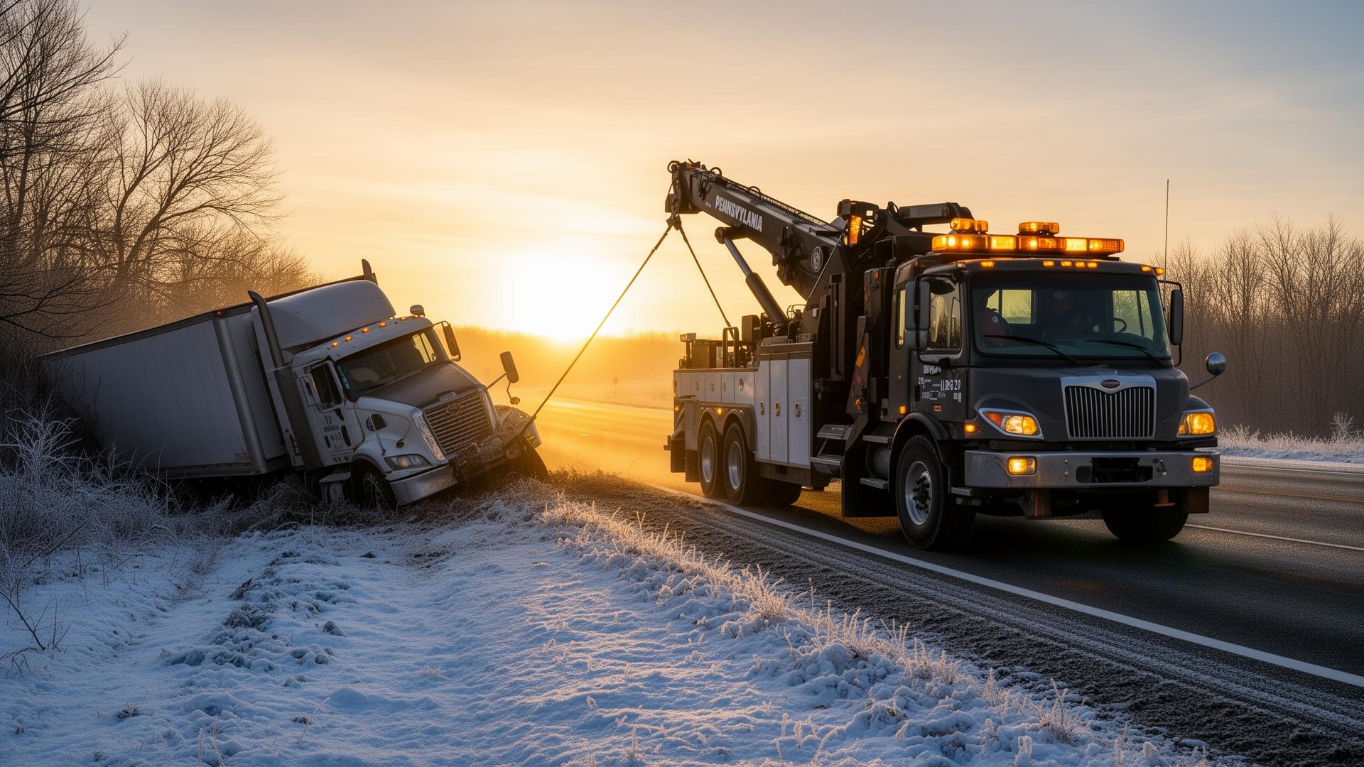 Winch-out recovery of a vehicle on a snow-covered shoulder near Hazleton, PA