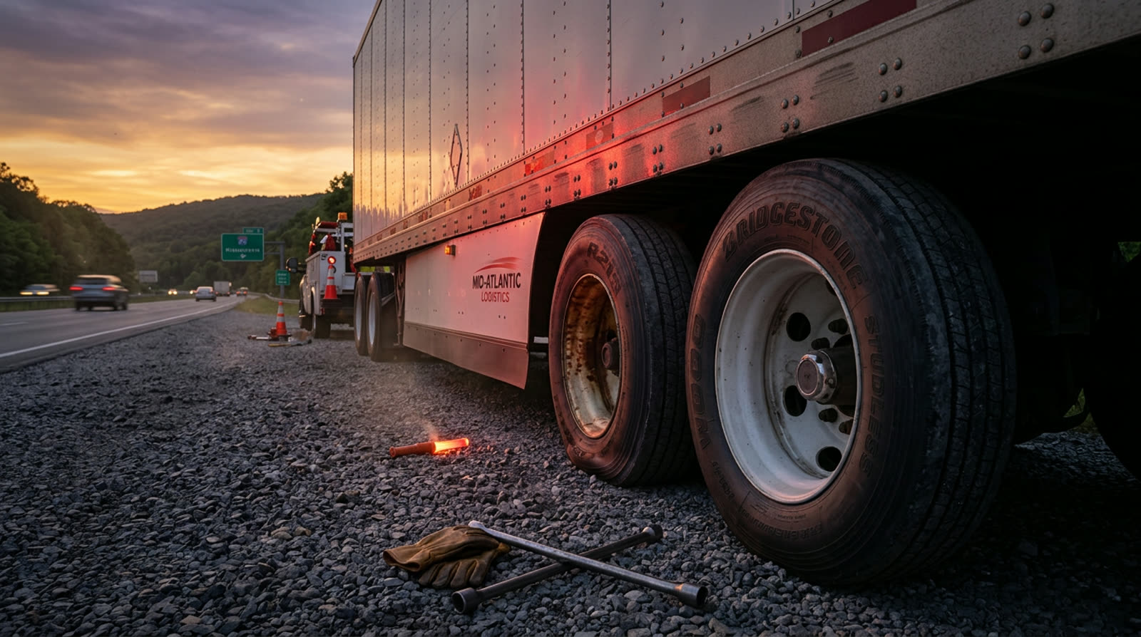 Roadside technician changing a tire on a vehicle near Hazleton, PA along the I-81 corridor